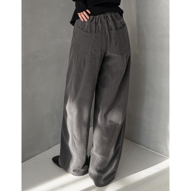 [TREND BOTTOM COLLECTION][低身長/高身長サイズ有]コーデュロイサイド切り替えバックポケットバレルレッグパンツ （チャコールグレー）