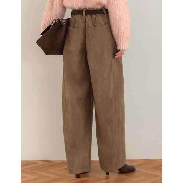 [TREND BOTTOM COLLECTION][低身長/高身長サイズ有]コーデュロイサイド切り替えバックポケットバレルレッグパンツ （モカベージュ）