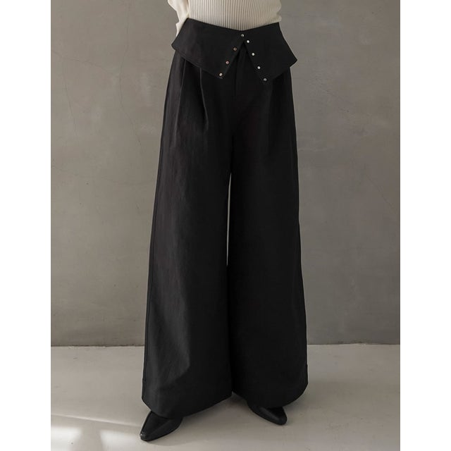 [TREND BOTTOM COLLECTION][低身長/高身長サイズ有]ウエスト折り返しワイドレッグパンツ （ブラック）
