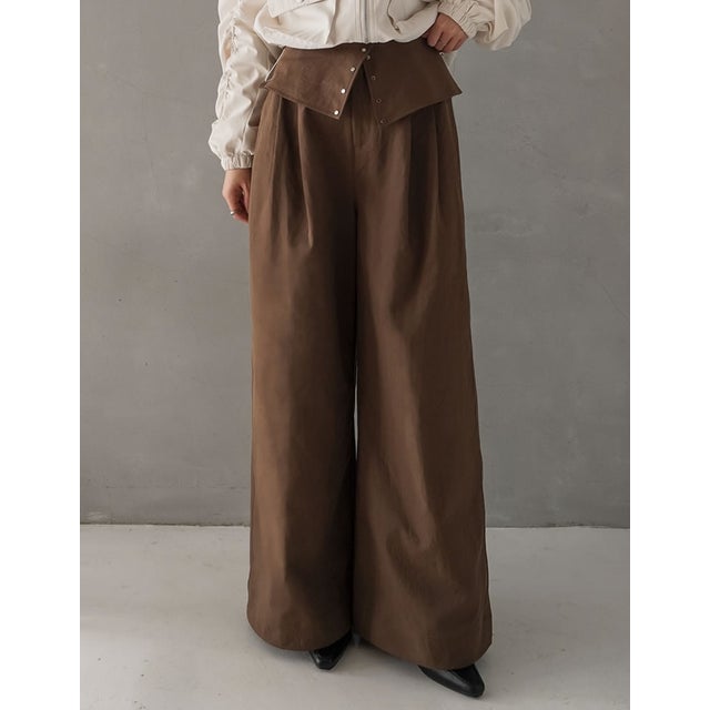 [TREND BOTTOM COLLECTION][低身長/高身長サイズ有]ウエスト折り返しワイドレッグパンツ （ブラウン）