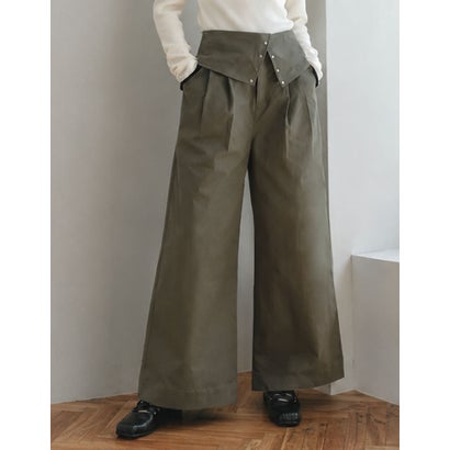 リエディ Re:EDIT [TREND BOTTOM COLLECTION][低身長/高身長サイズ有]ウエスト折り返しワイドレッグパンツ （カーキ）｜詳細画像