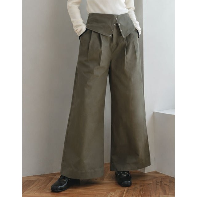 [TREND BOTTOM COLLECTION][低身長/高身長サイズ有]ウエスト折り返しワイドレッグパンツ （カーキ）