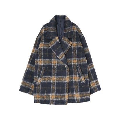 [OUTER COLLECTION]フェイクウールシャギーチェックコート （ネイビー）｜詳細画像