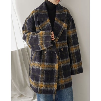 [OUTER COLLECTION]フェイクウールシャギーチェックコート （ネイビー）｜詳細画像