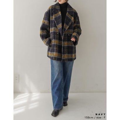 [OUTER COLLECTION]フェイクウールシャギーチェックコート （ネイビー）｜詳細画像
