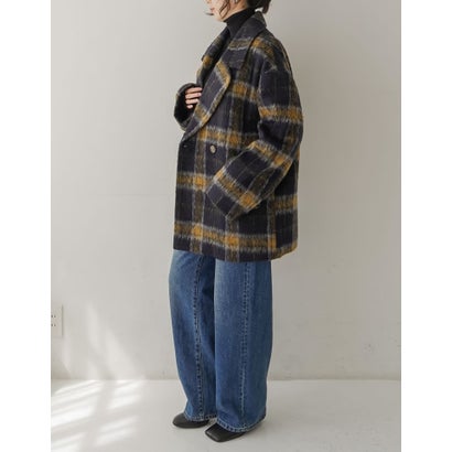 [OUTER COLLECTION]フェイクウールシャギーチェックコート （ネイビー）｜詳細画像