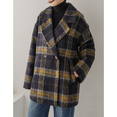 [OUTER COLLECTION]フェイクウールシャギーチェックコート （ネイビー）｜詳細画像