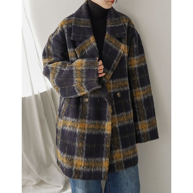 [OUTER COLLECTION]フェイクウールシャギーチェックコート （ネイビー）