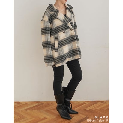[OUTER COLLECTION]フェイクウールシャギーチェックコート （ブラック）｜詳細画像