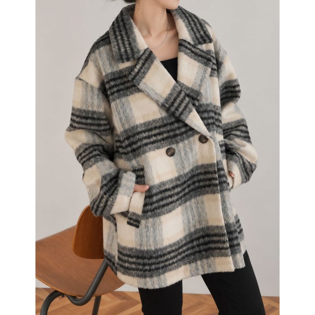 [OUTER COLLECTION]フェイクウールシャギーチェックコート （ブラック）