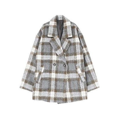 [OUTER COLLECTION]フェイクウールシャギーチェックコート （グレー）｜詳細画像