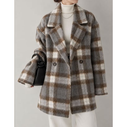 [OUTER COLLECTION]フェイクウールシャギーチェックコート （グレー）｜詳細画像