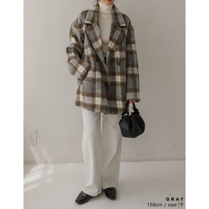 [OUTER COLLECTION]フェイクウールシャギーチェックコート （グレー）｜詳細画像
