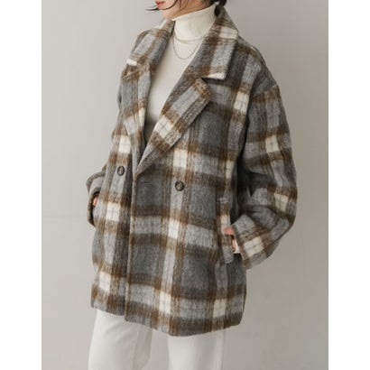 [OUTER COLLECTION]フェイクウールシャギーチェックコート （グレー）｜詳細画像