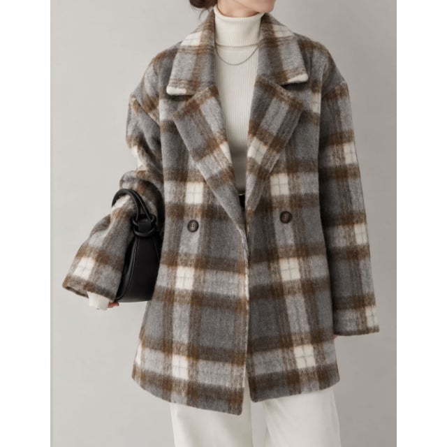[OUTER COLLECTION]フェイクウールシャギーチェックコート （グレー）