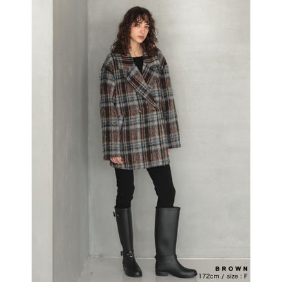 [OUTER COLLECTION]フェイクウールシャギーチェックコート （ブラウン）｜詳細画像