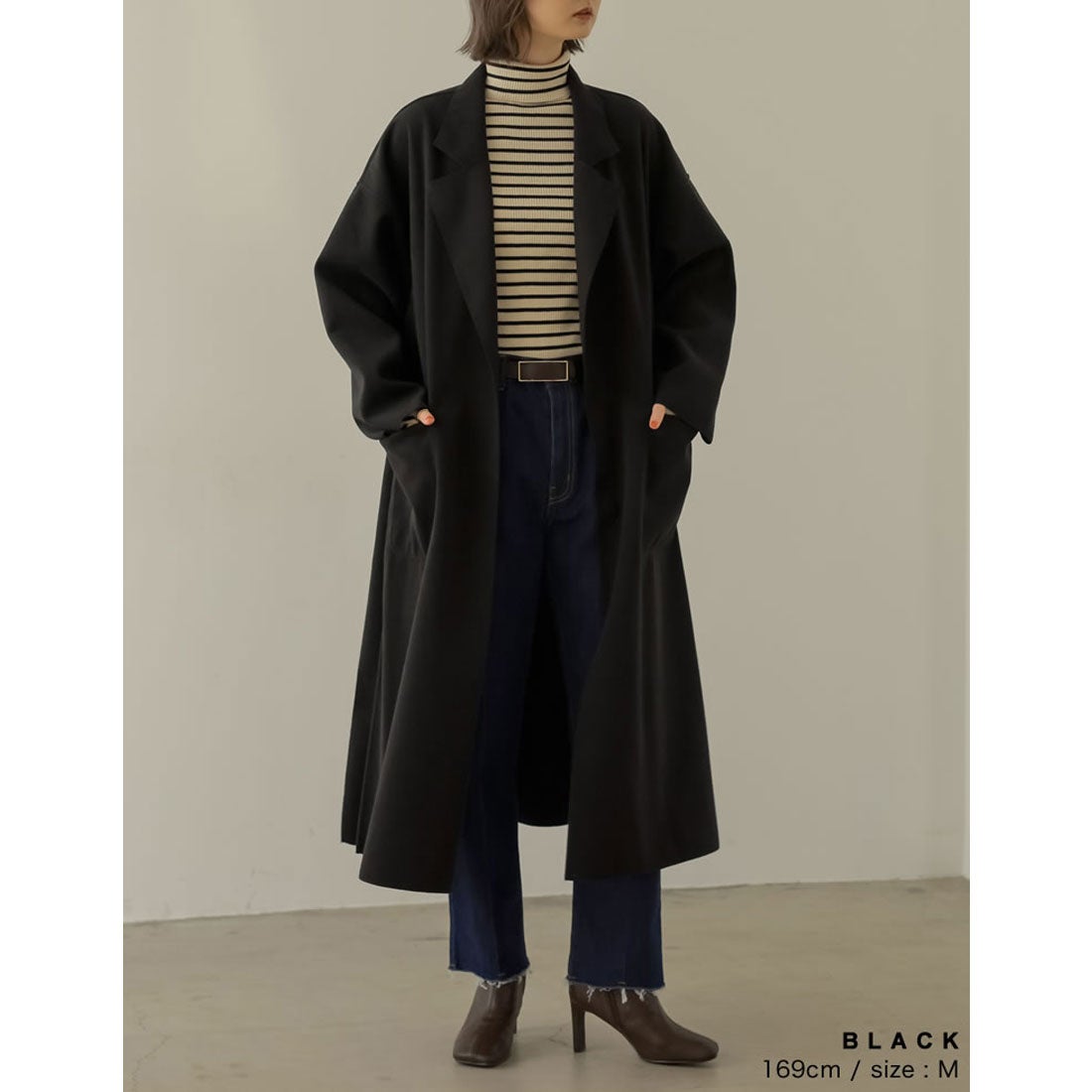 ベルト付きウールライクテーラードガウンコート （ブラック） MAX&Co