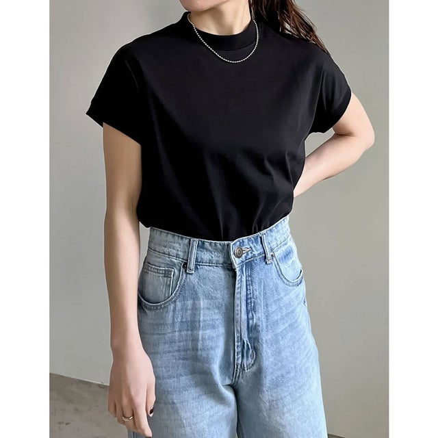 モックネックフレンチスリーブTシャツ （ブラック）