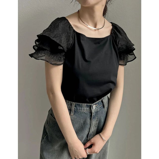 [2024 SUMMER COLLECTION][接触冷感]2WAYシアーパフオフショルトップス （ブラック）