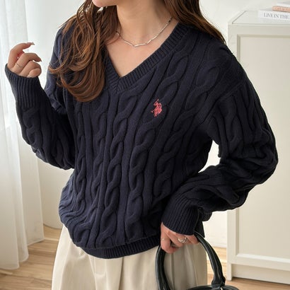 ジーラ GeeRA 【U.S. POLO ASSN.】Vネックケーブルニット （ベージュ）｜詳細画像