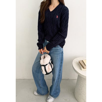 ジーラ GeeRA 【U.S. POLO ASSN.】Vネックケーブルニット （ネイビー）｜詳細画像