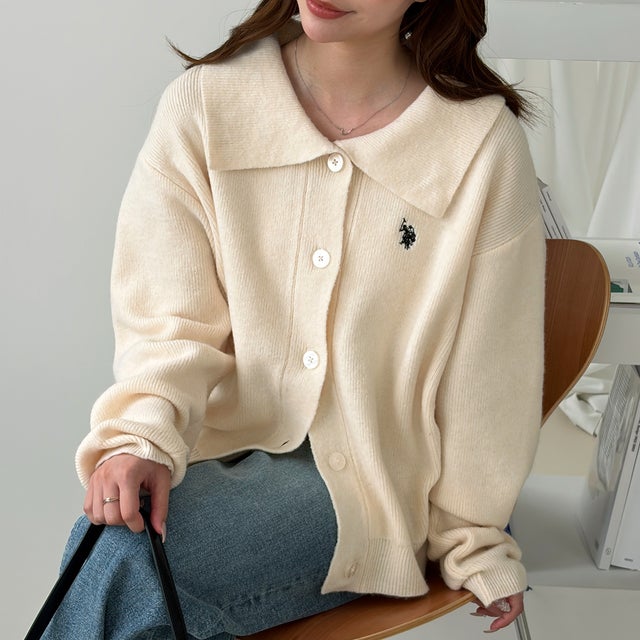 【U.S. POLO ASSN.】衿付ニットカーディガン （アイボリー）