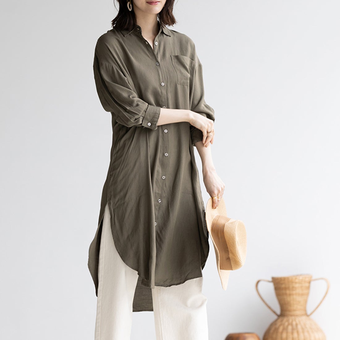 ジーラ GeeRA リネン調ロングシャツ （カーキ） -靴＆ファッション通販 ロコンド〜自宅で試着、気軽に返品