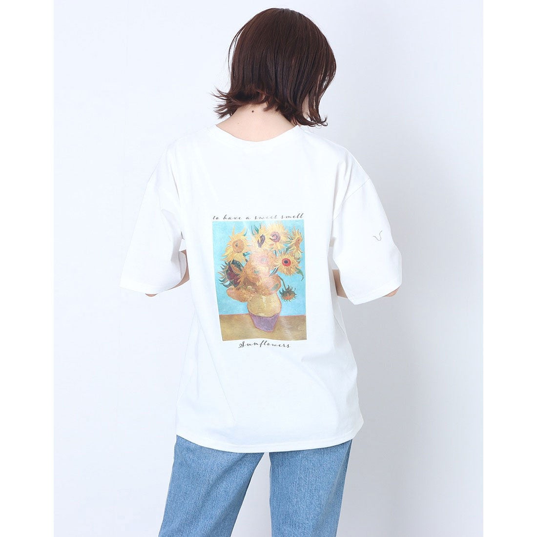 ジーラ GeeRA アートデザインプリントTシャツ （ひまわり×オフ白） -靴 