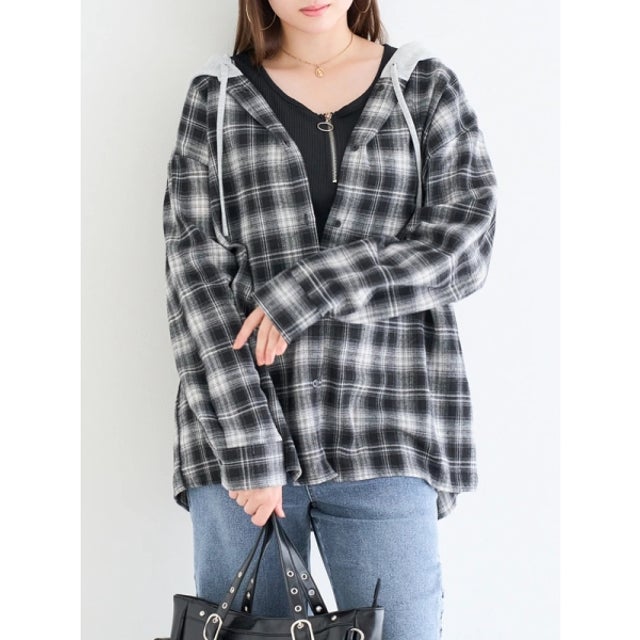 裏毛フード付きチェック柄シャツ （黒）