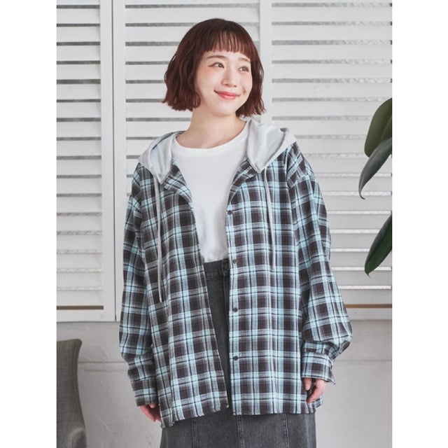 裏毛フード付きチェック柄シャツ （青）