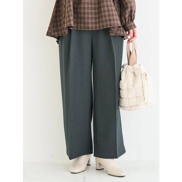 ベルト付きツイルタックワイドパンツ （濃グレー）