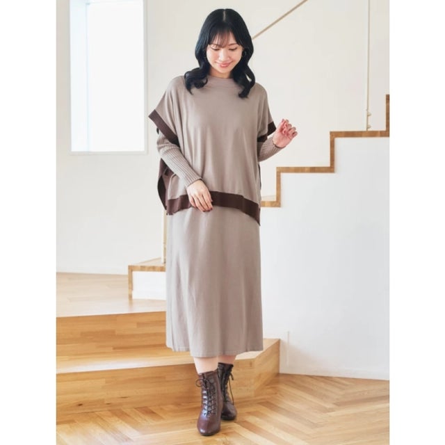[SET]配色ニットベスト×ワンピース （ベージュ）