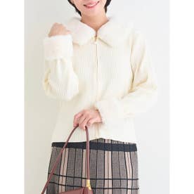 ファー付きリブニットZIPカーディガン （オフホワイト）