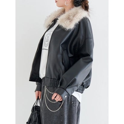 [2WAY]ファーティペット付きフェイクレザーブルゾン （黒）｜詳細画像