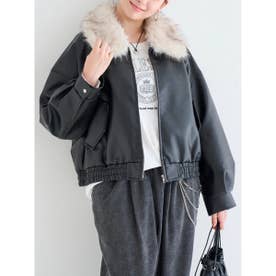 [2WAY]ファーティペット付きフェイクレザーブルゾン （黒）