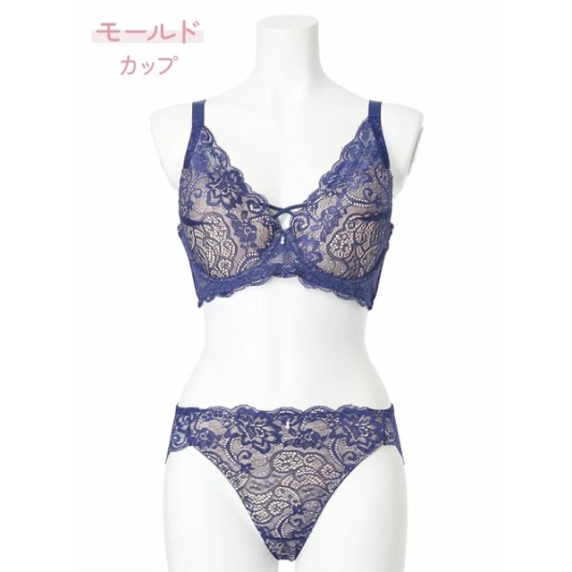 【脇高】[D85-I95］レーススピンドルブラ＆ショーツ(モールドカップ) （紺）