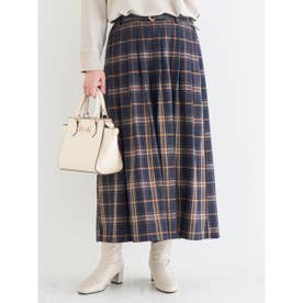ベルト付きチェック柄タックワイドパンツ （紺）