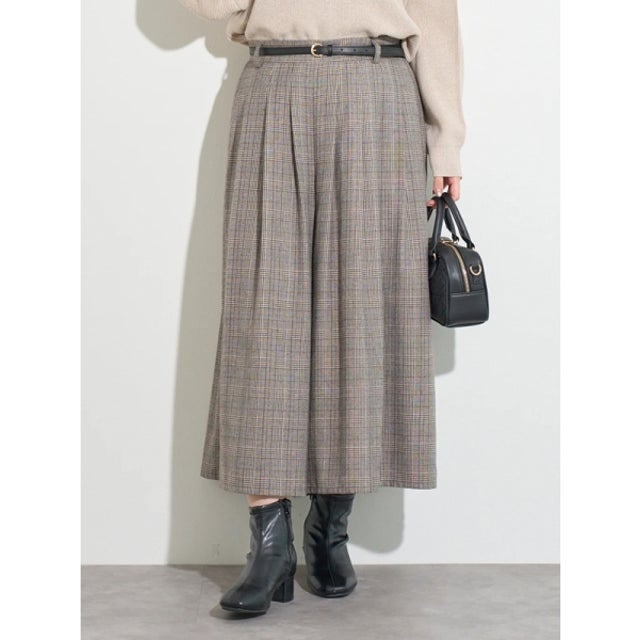 ベルト付きチェック柄タックワイドパンツ （茶）
