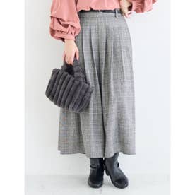 ベルト付きチェック柄タックワイドパンツ （グレー）