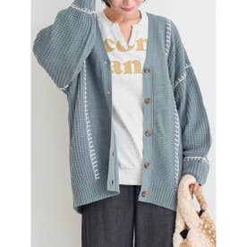 配色ステッチVネックカーディガン （青）