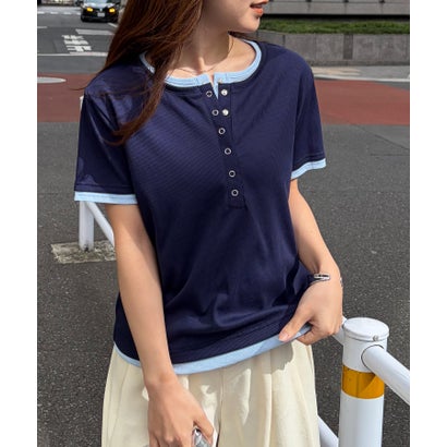 ラナン RANAN レイヤード風ヘンリーネックTシャツ （ネイビーケイ）｜詳細画像