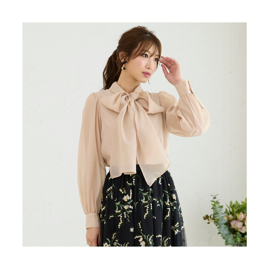 チュニック 花襟ブラウス 美品 大きいサイズ ローズティアラ 袖リボン 