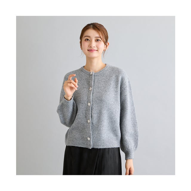 【WEB限定カラー有】飾りボタン付きフラワースパンコールニットカーディガン （グレー）