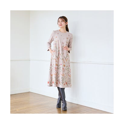 吹上刺繍Aラインワンピース （グレー）｜詳細画像