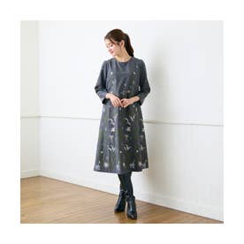 吹上刺繍Aラインワンピース （グレー）