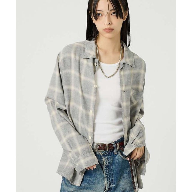 【REMI RELIEF/レミ レリーフ】レーヨンオンブレーシャツ/チェックシャ （ライトグレー）