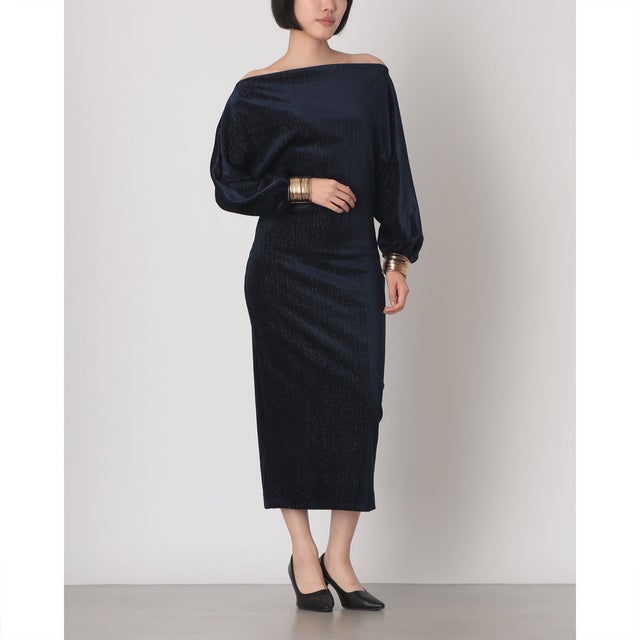バングル付ラメストライプオフショルワンピース （Blu Navy）