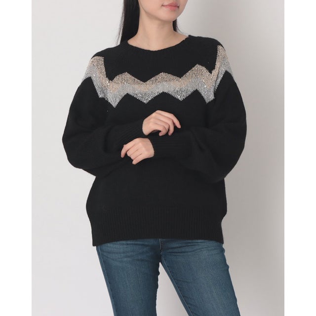 ジグザグボーダースパングルニットTOPS （var.Nero）