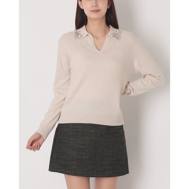 ビジュー襟付きVネックニット （Tortora Beige）
