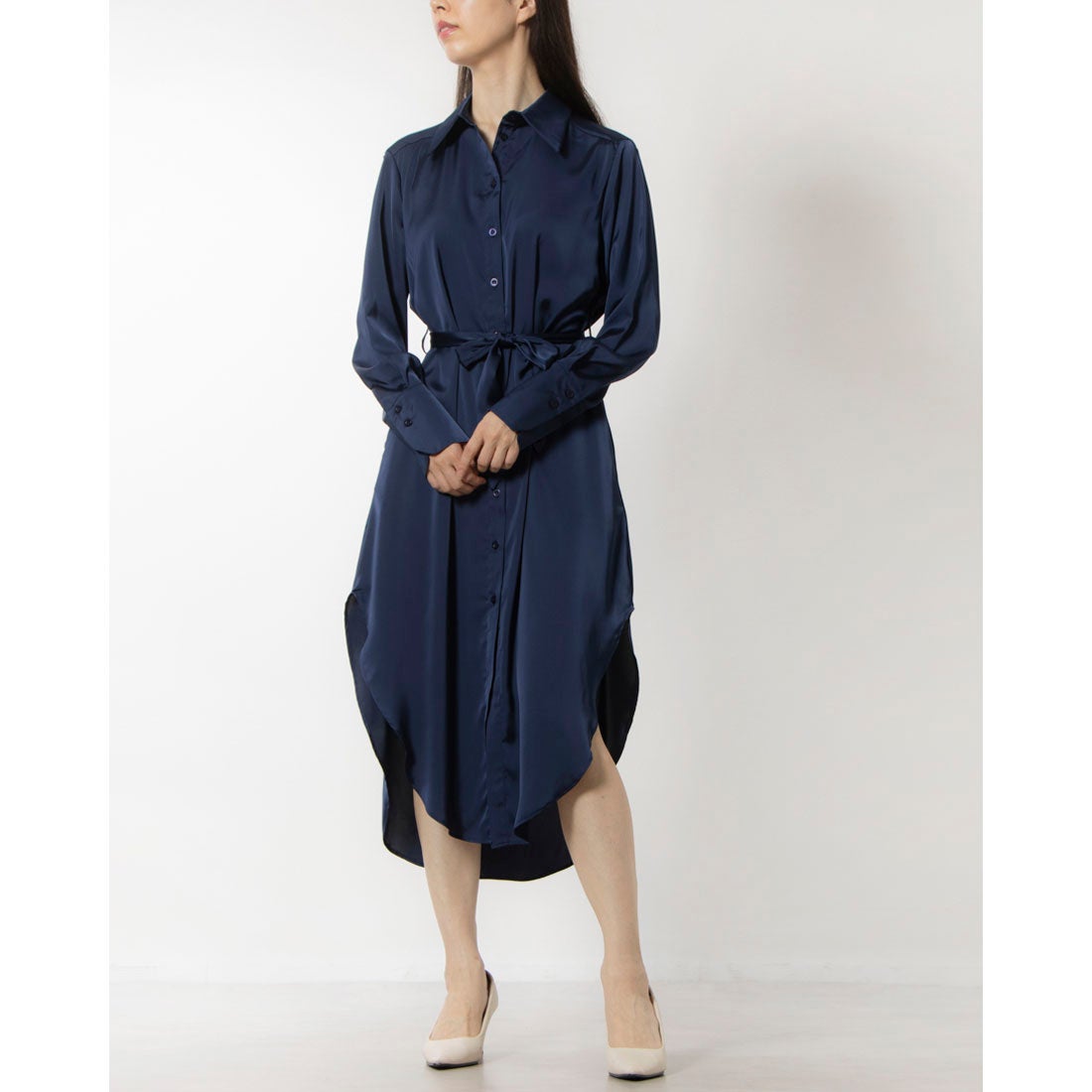 リナシメント RINASCIMENTO サテンロングシャツワンピース （Blu Navy